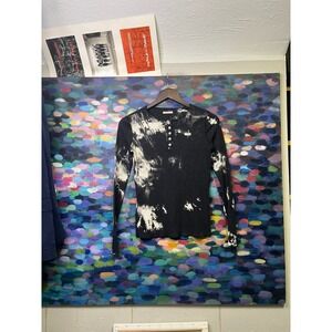 Udel New York Womens XS Tie Dye Bleach Wash Ribbed Long Sleeve Henley Top Black